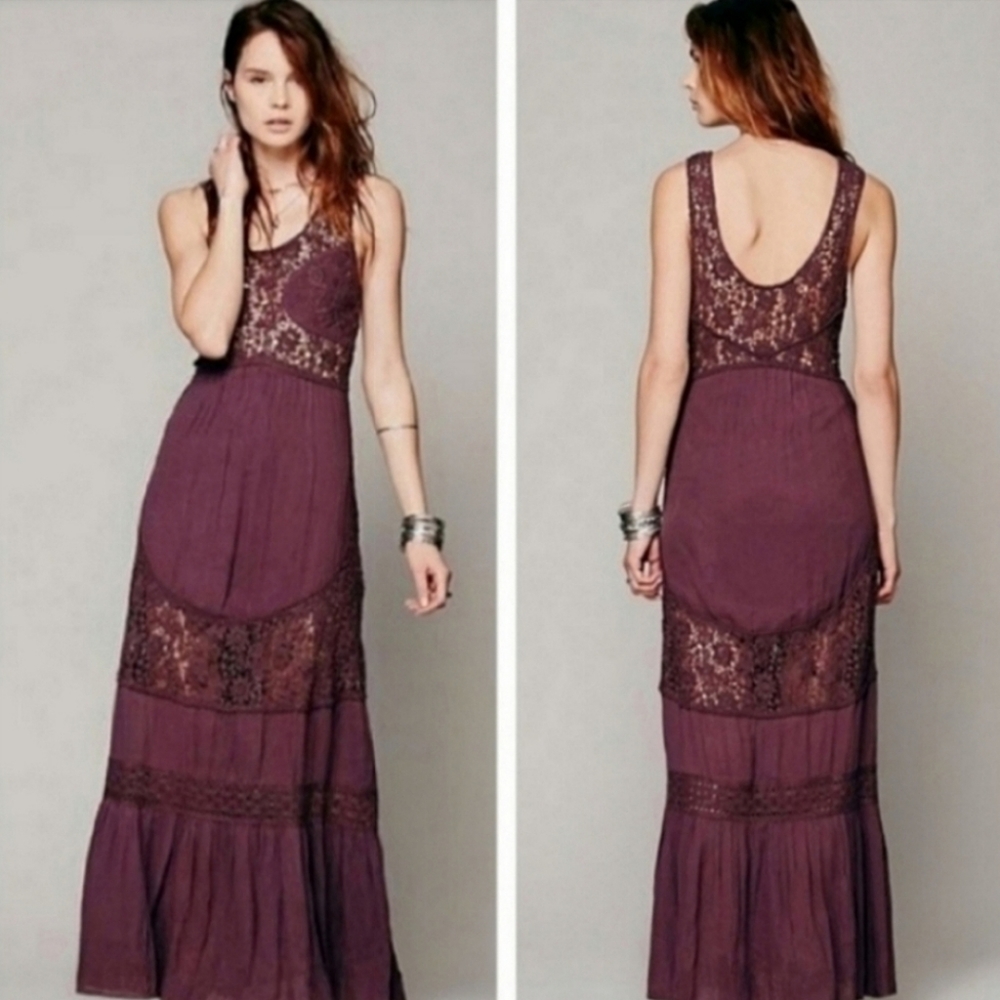 Free People Crochet Lace Cutout Maxi Summer Vintage Dress Size 6
